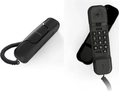 A split image showing two views of a black Alcatel corded phone.