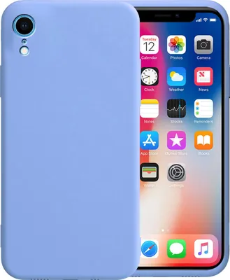 A light blue phone case is shown next to an iPhone displaying its home screen.