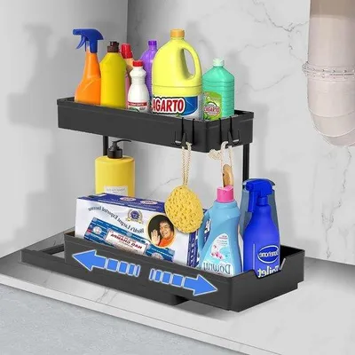 Zdjęcie produktu dla Czarny organizer do szafki dolnej, dwupoziomowy, z 4 haczykami i wysuwaną półką