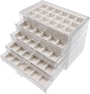 Produktbild von Famanu Schmuckbox - Schmuckorganizer für Ohrringe - 5 Ebenen - 90 kleine Fächer - Stapelbar - Samt - Acrylschublade - Ringe - Ohrringe - Ketten