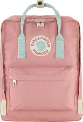 A close-up front view of a pink Fjällräven Kånken backpack.