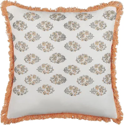 Produktbild von BELIANI Dekokissen Weiß und Orange Baumwolle 45 x 45 cm Bezug mit Füllung Reißverschluss Fransen Blumenmuster Boho Wohnzimmer Schlafzimmer Deko