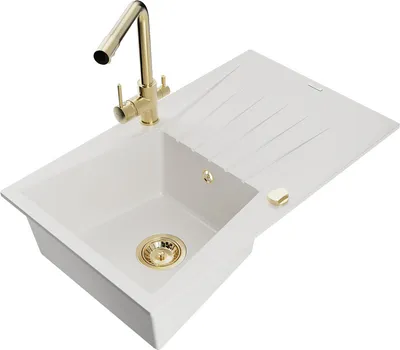 Produktbild von Mexen Cesar 1 Becken-Granitspüle mit Abtropffläche und Mischbatterie Duero, Weiß - 6514-20-671600-50
