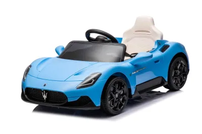A blue electric toy car for children, resembling a Maserati GT Cabrio, shown from a three-quarter front angle on a white background.