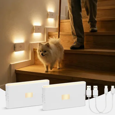 Produktbild von 2x LED Nachtlicht mit Bewegungsmelder und Dämmerungssensor, USB-C (3000mAh), kabellose Schrankbeleuchtung, für Kinderzimmer, Treppe, Schlafzimmer,Flur