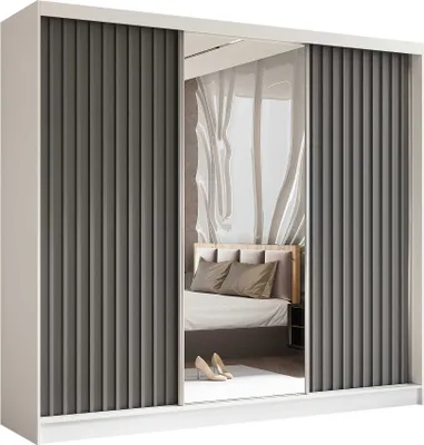Produktbild von AGMAT Schwebetürenschrank Nevada, Kleiderschrank mit Spiegel und 3 Türen, Moderne Garderobe in Farbe: Weiß, Schrank in Größe: 240 x 216 x 61 cm