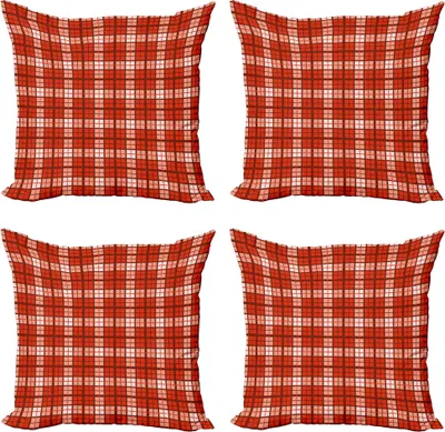 Produktbild von ABAKUHAUS Plaid Kissenbezug Set (4 Stück), Vintage Tartan-Motiv, Moderner Doppelseitiger Digitaldruck, 40 cm x 40 cm, Vermilion Weiß