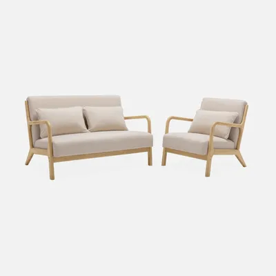 Produktbild von sweeek - 2-Sitzer Bank + Sessel aus Holz mit Bezug in beige - Beige