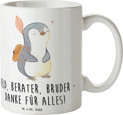 Produktbild von Mr. & Mrs. Panda Becher Held Bruder - Weiß - Geschenk, Geburtsgeschenk, Wertschätzung, Erinnerungen, Kaffeetasse, Kaffeebecher, Keramikbecher, Bedanken, Tasse, Pott