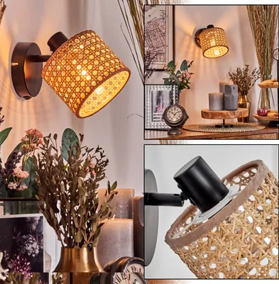 Produktbild von Varoni verstellbare Wandlampe aus Metall/Rattan in Schwarz/Natur