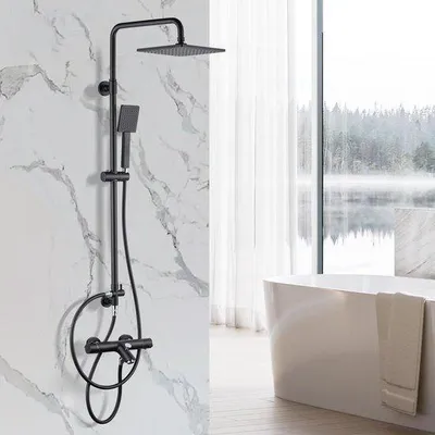 Produktbild von Unyqoos® Modernes schwarzes Duschsystem mit 23 cm eckiger Regendusche (144 Düsen), Thermostat 38 °C, Handbrause 2 Strahlarten & Badarmatur, Thermostat Messing