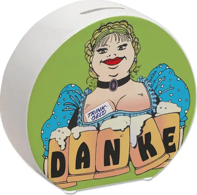 Produktbild von Bierzeltbedienung mit Maßkrügen DANKE Spardose in grün für Trinkgeld