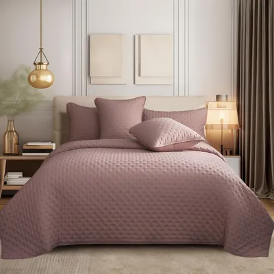 Produktbild von 3 Teilige Tagesdecken Bettuberwürf 220x240cm Bettüberwuf Set mit 2 Kissenbezügen 50x75cm, Weiche Mikrofaser Wendbar Bettwäsche-Set, Wendbare Bettdecke,Rosa