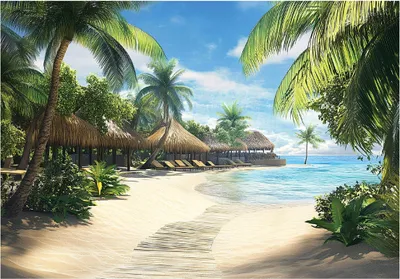 Produktbild von Fototapete 3D Effekt Strand Palmen Meer Hawaii - 300x210 cm - inklusive kleister - Vlies Tapete - Vliestapete Wohnzimmer Schlafzimmer Küche Modern Wandtapete