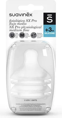 Immagine prodotto di Suavinex, set di 2 tettarelle simmetriche in silicone SX Pro, flusso medio (M), +3 mesi, tettarella con valvola anticolica, rispetta lo sviluppo orale, trasparente
