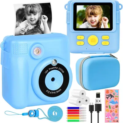 Produktbild von Kinderkamera, Sofortbildkamera, 1080P 2,4 Zoll Bildschirm mit Druckpapier & 32GB TF Karte, Digitalkamera mit Farbigen Stiften Geschenk