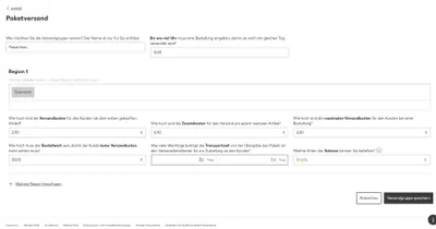 A screenshot of an e-commerce backend interface for setting up shipping and delivery options.