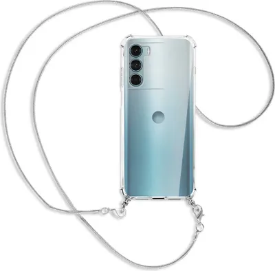 Produktbild von Handykette Backcover-Schutzhülle mit Band (Metall silberfarben) für Motorola Moto G200 5G - silberfarbene Kette Snake