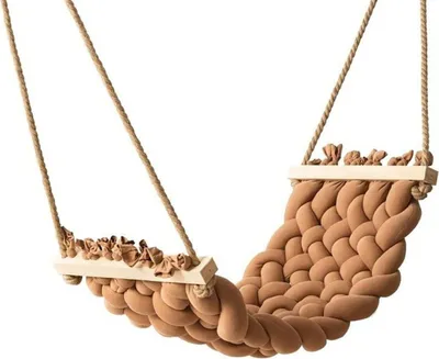 A close-up studio shot of a brown braided hammock swing with wooden supports and rope hangers, isolated on a white background.