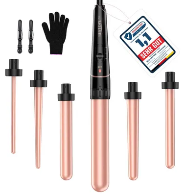 Imagen del producto de Estilizador 6 en 1: rizador para crear tanto rizos grandes como pequeños. Incluye diferentes accesorios, guantes, control de temperatura. Color: rosa dorado