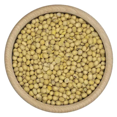 A top-down view of soybeans in a wooden bowl.