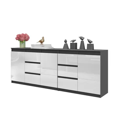 Zdjęcie produktu dla Komoda 200 Cm Antracyt/Biały Połysk 6 Szuflad,3 Drzwi, 3 Półki, Zestaw Dwóch Komód, Salon