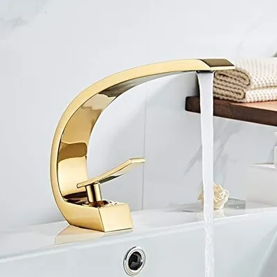 Produktbild von Moderner Badezimmer-Mischwasserhahn in Schwarz/Gold mit Wasserfalldesign