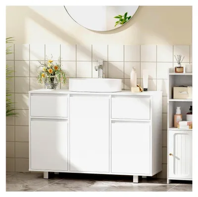 Produktbild von Waschbeckenunterschrank, Badezimmerschrank mit 2 Schubladen und 3 Fächern, viel Stauraum, Unterschrank für Waschbecken mit Füßen, Maße 90 x 30 x 62,5 cm, Weiß