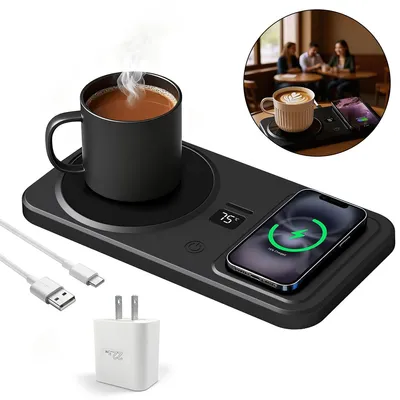 Produktbild von 2-in-1 Kaffeewärmer & kabelloses Handy-Ladegerät, 3 Temperaturstufen, Becherwärmer mit Abschaltautomatik