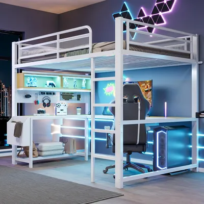 Productafbeelding van Gaming hoogslaper 140x200, bureau, toetsenbordhouder, opbergvakken, LED-verlichting, oplaadstation (zwart)