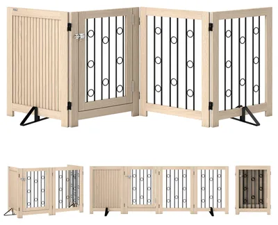 Zdjęcie produktu dla Bariera dla zwierząt domowych, 4-panelowa, z drzwiczkami | Kolor: Brązowy, Czarny | Wymiary: 205 x 30,5 x 70 cm