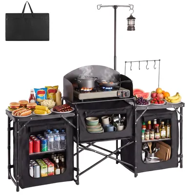 Image de VEVOR, cuisine de camping pliante, armoire de camping avec 2 petites tables latérales en treillis métallique, pare-vent amovible pour la cuisinière et 3 espaces de rangement, station de cuisine pour pique-nique, barbecue et voyages, couleur noire