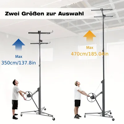 Zdjęcie produktu dla Podnośnik do płyt gipsowo-kartonowych o udźwigu 68 kg, z regulowaną wysokością do 335 cm i możliwością przechylania do 60 stopni, wyposażony w koła