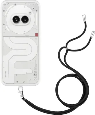 A white smartphone case with a black lanyard attached.