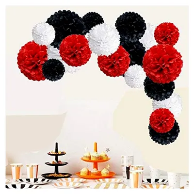 Produktbild von 18 Stück Seidenpapier Pompoms in Schwarz, Rot und Weiß für verschiedene Feierlichkeiten