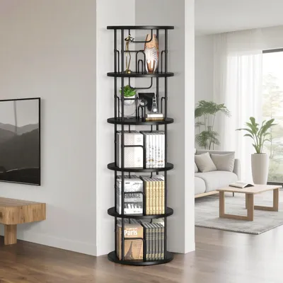 Produktbild von 360° Drehbares Bücherregal Holz Standregal 5 Ebenen 45x45x160cm Bodenstehendes Bücherschrank Massivholz Lagerregal für Wohnzimmer Schlafzimmer Schwarz