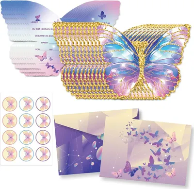 Imagen del producto de Invitaciones para fiestas de cumpleaños infantiles, diseño para niñas - Set de 12 - Tarjetas de invitación con motivos de mariposas para fiestas de niñas