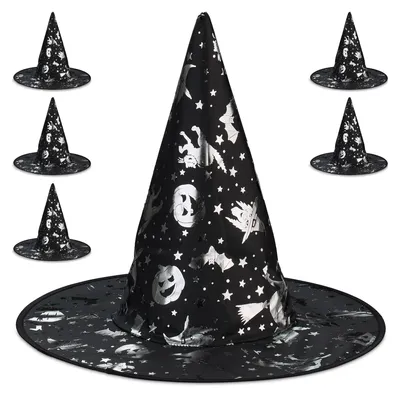 Hexenhut-Set (6 Stück) für Halloween, Schwarz/Silber, 33x38 cm