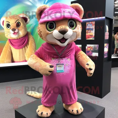 Immagine prodotto di Personaggio del costume della mascotte REDBROKOLY rosa Jaguarundi vestito con pantaloncini e fasce