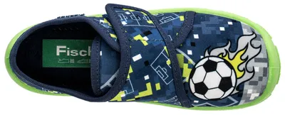 Produktbild von Fischer Kinder Hausschuh mit Klettverschluss Fußball Aufdruck rutschfest, Größe:25 EU, Farbe:Blau