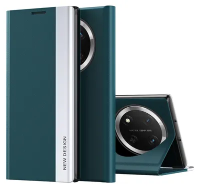 A teal flip case for a smartphone is shown, with a silver stripe and text. Another phone with the case open is visible in the background.