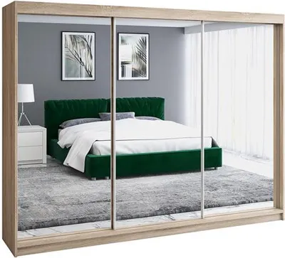 Produktbild von Schwebetürenschrank, 3-türig Schrank mit 4 Schubladen und 3 Spiegel! Moderne Garderobe für Kleidung. Verschiedene Farben (Weiß, Schwarz, Somona) Kleiderschrank mit Spiegel ULMI 200 cm