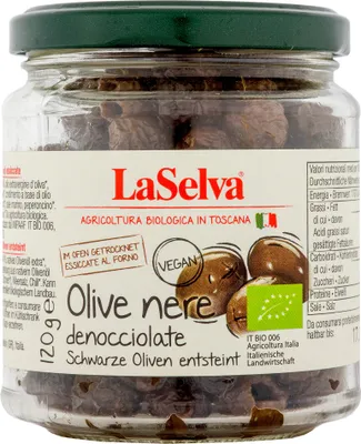 Produktbild von LaSelva Schwarze getrocknete Oliven, entsteint - 120g
