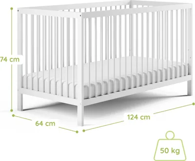 Image de Lit bébé lit d'enfant lit à barreaux réglable en hauteur & barreaux amovibles bois de hêtre très stable, blanc, 60x120 cm
