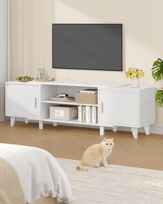 Zdjęcie produktu dla Komoda telewizyjna z otwartymi półkami i szafkami, przeznaczona do telewizorów o przekątnej do 44 cali, o wymiarach 40x140x51 cm, w kolorze białym