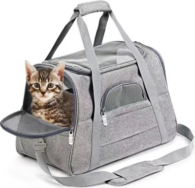 Produktbild von Hundebox Katzebox Haustier-Transporttasche, atmungsaktive, tragbar, Verstellbare Schultergurte, Plueschmatte, Taschengröße: 43 * 28 * 25 cm, Grau