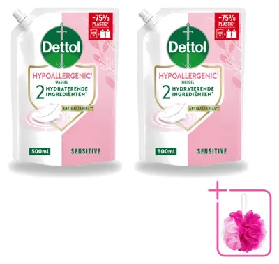 Imagen del producto de 2 unidades de recambio de jabón líquido para manos Dettol, hipoalergénico, para piel sensible, 500 ml. Paquete económico