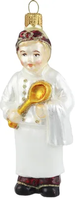 Produktbild von Weihnachtsfigur Köchin aus Glas mit Kochmütze und Schürze, in Weiß und Rot