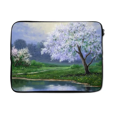 Produktbild von MuchoWow® Laptop Hülle 17 Zoll Laptoptasche Malerei - Baum - Blüte - Natur - Wasser - Zipper - Schutzabdeckung