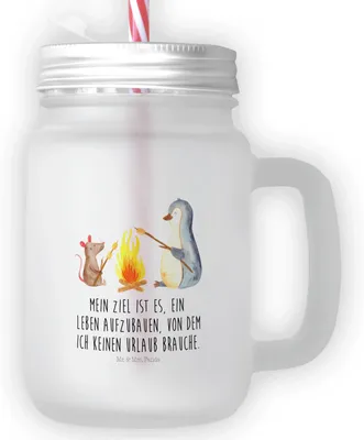 Produktbild von Mr. & Mrs. Panda Glas Pinguin Lagerfeuer - Transparent - Geschenk, Cocktailglas, Mit Deckel Und Strohhalm, Mason Jar, Job, Liebe, Maus, Arbeit, Henkel, Trinkglas